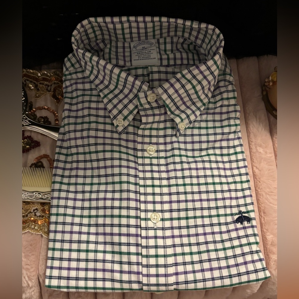 Brooks Brothers White, Green, and Purple Check Shirt NWT men’s medium